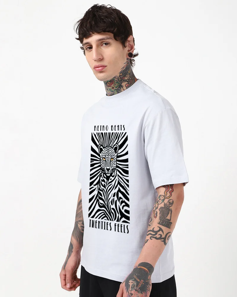 بيواكوف Men's Lavender Retro Beats Graphic Printed Oversized T-shirt